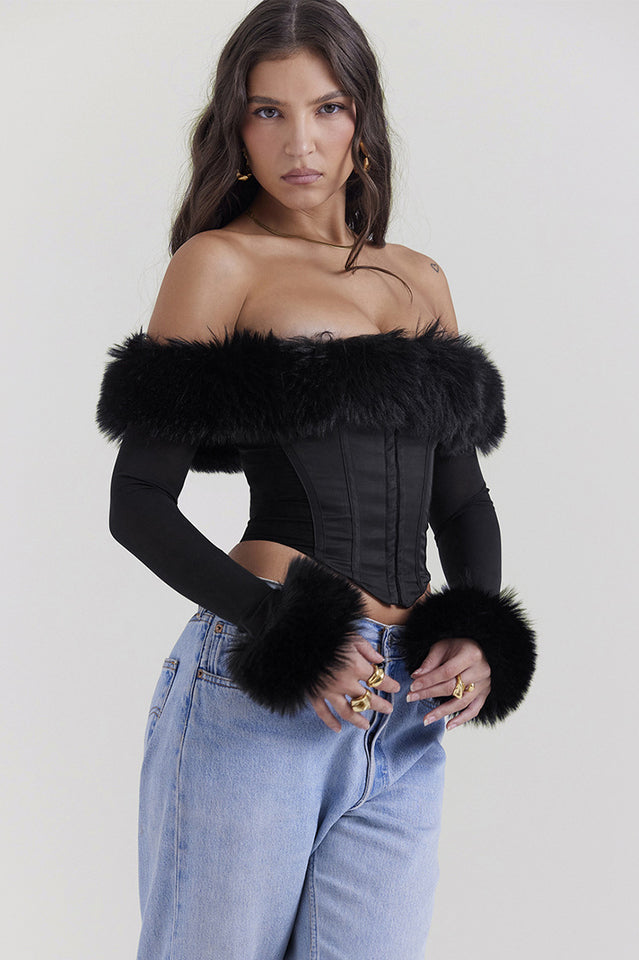 Black Faux Stylish Fur Trimmed Bustier