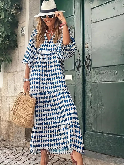 Long Beach Boho Puff Sleeve Maxi Loose Dress - Blue