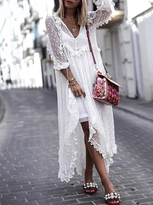 White V-neck Maxi Dress with Long Sleeves