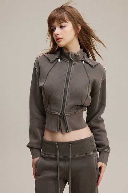 Cropped Waist Zip Up Hoodie