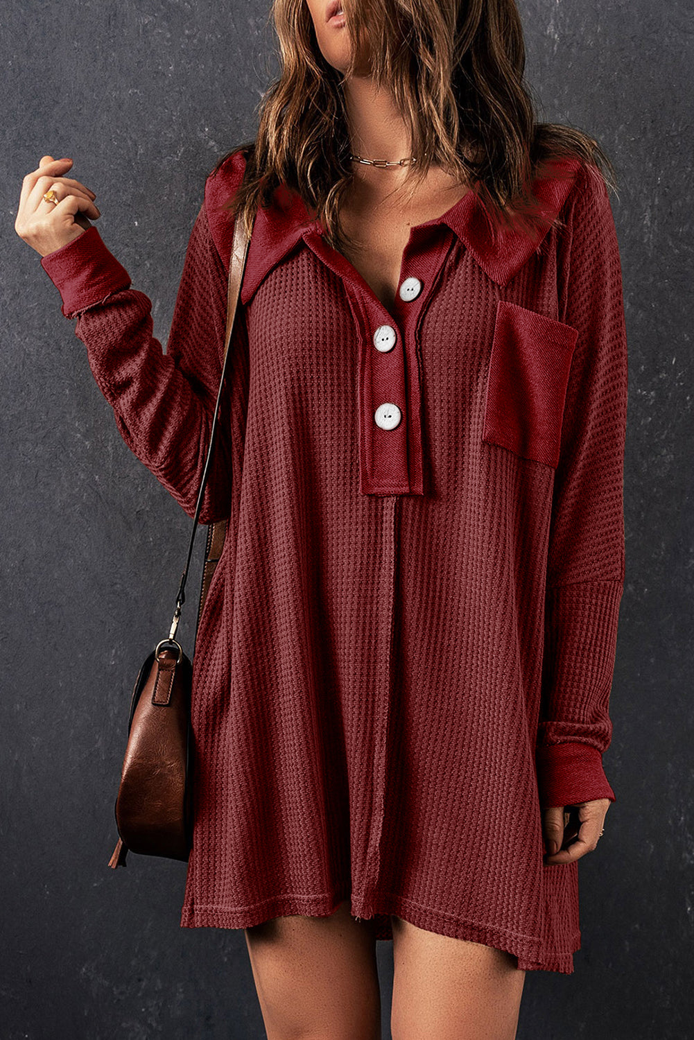 Red Knit Buttoned Waffle Top