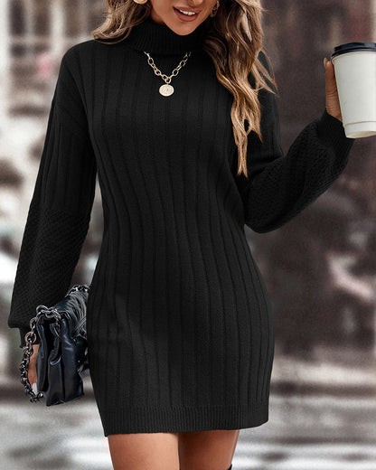 Solid Color High Neck Sweater Dress