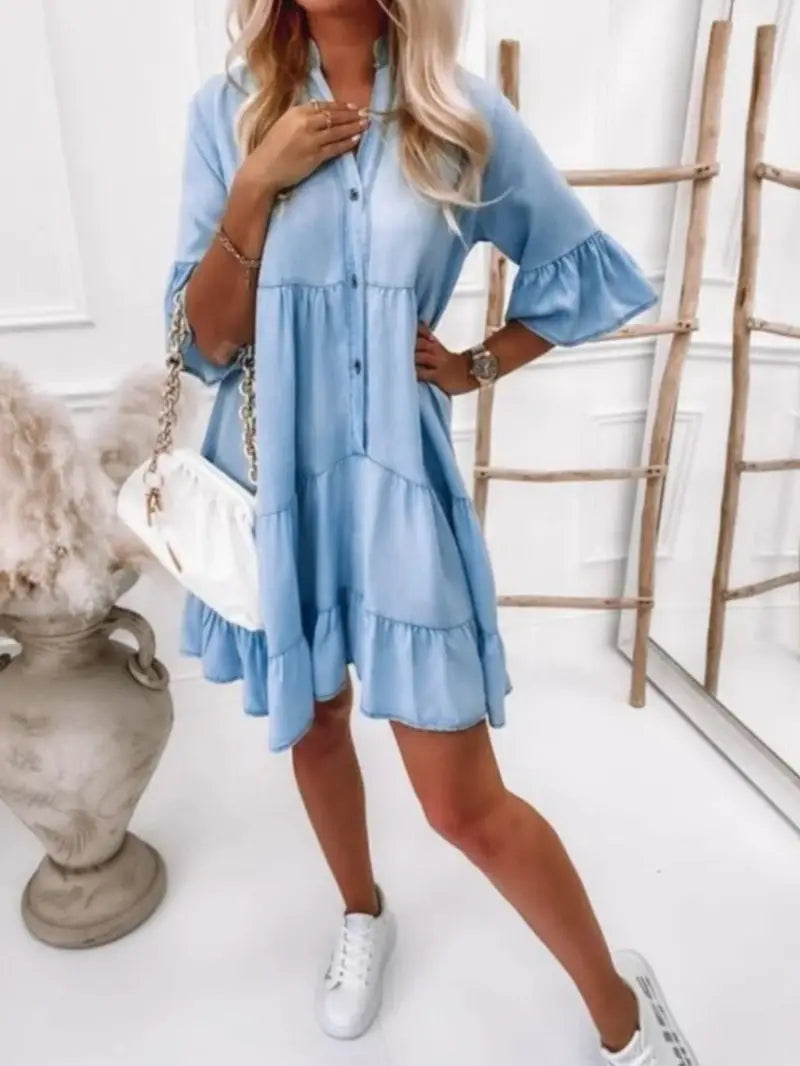 Blue Ruffles Midi Denim Dress