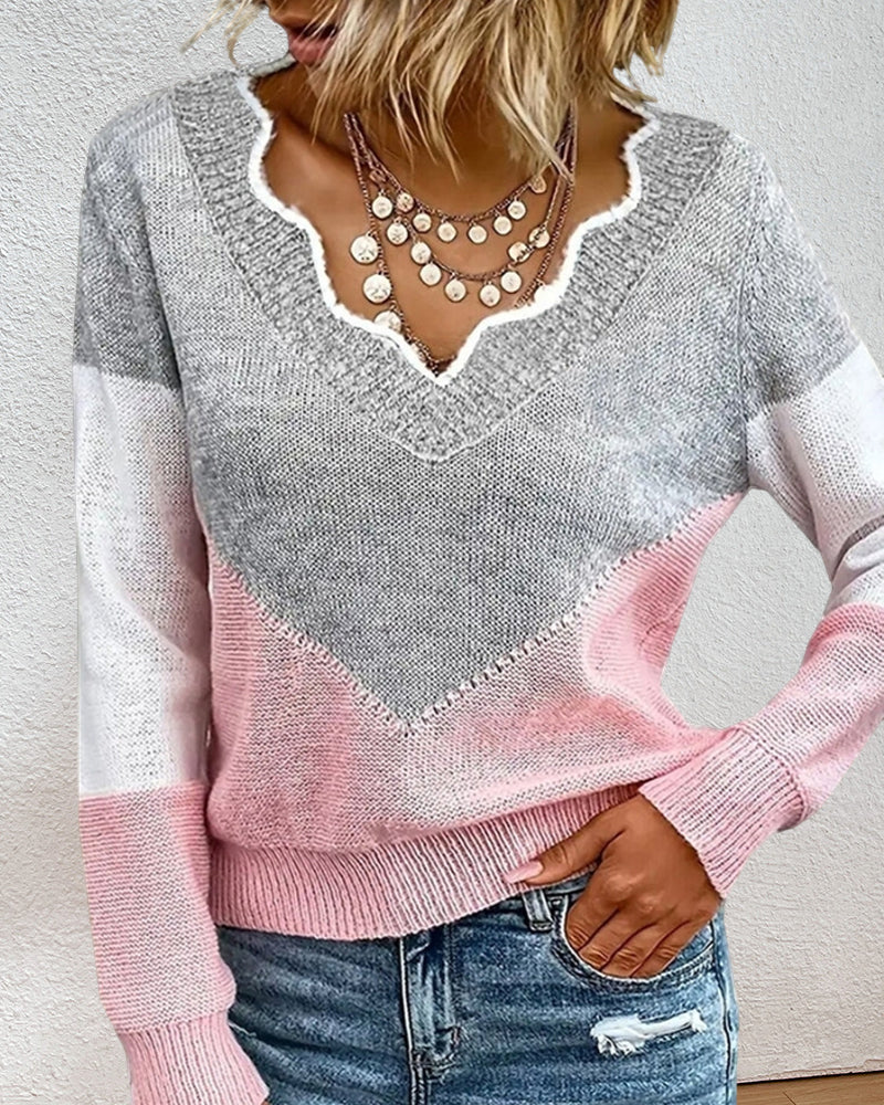 Block V Neck Color Pullover