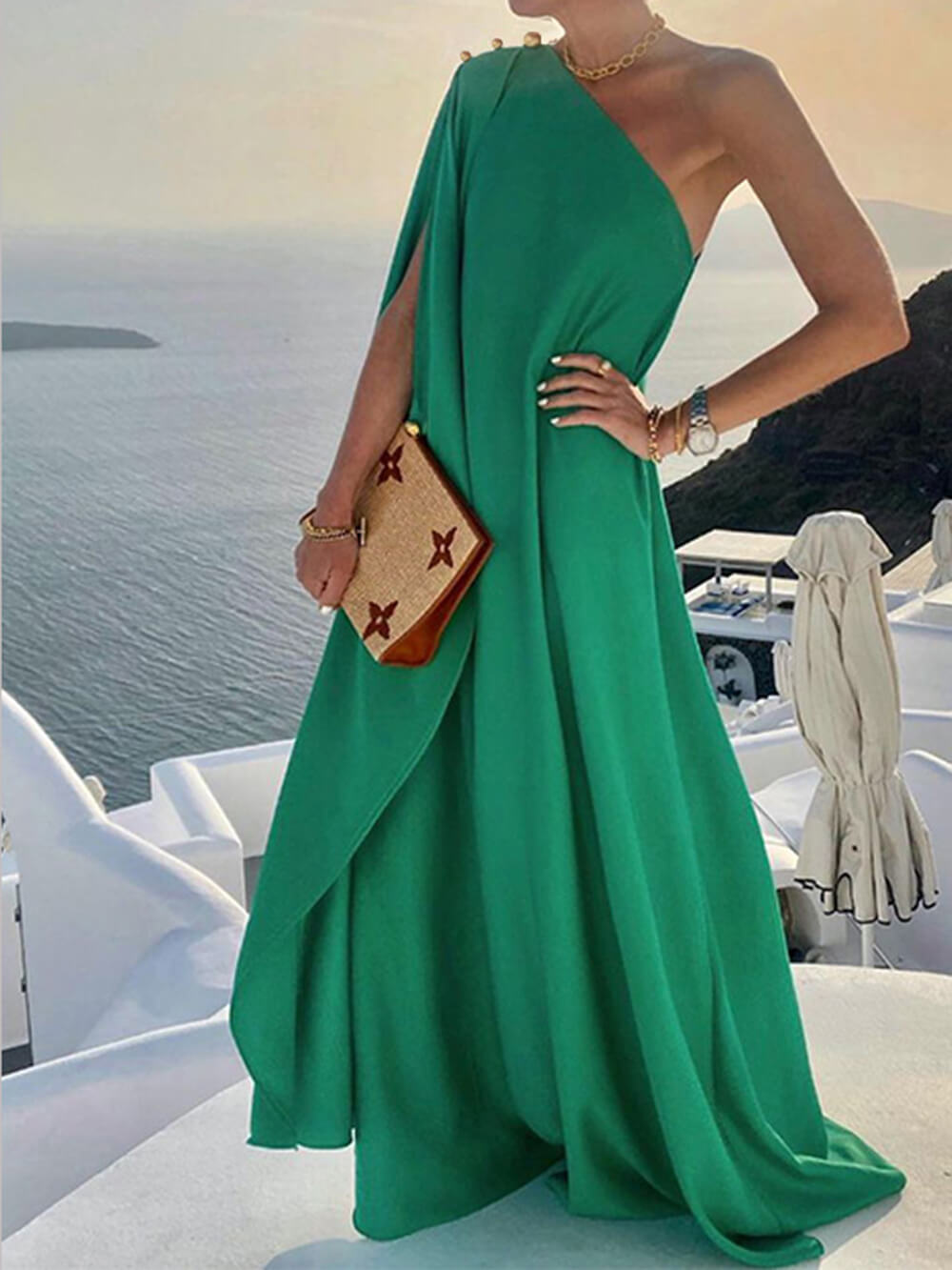 Solid Color Loose Charming One Shoulder Maxi Dress