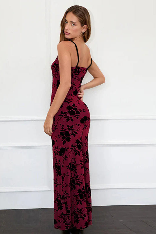 Velvet Flocked Slim Fit Strappy Long Party Dress