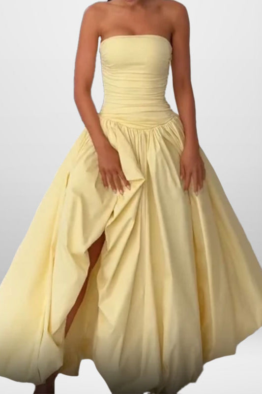 Strapless Split Tie Solid Evening Party Dress