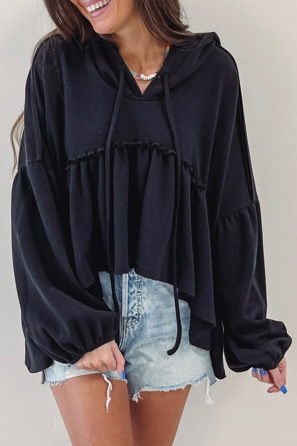 Black Drop Ruffled Oversized High Low Hem Shoulder Hoodie