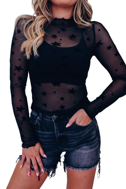 Sheer Arm Long Mesh in Top Star Embellished Black