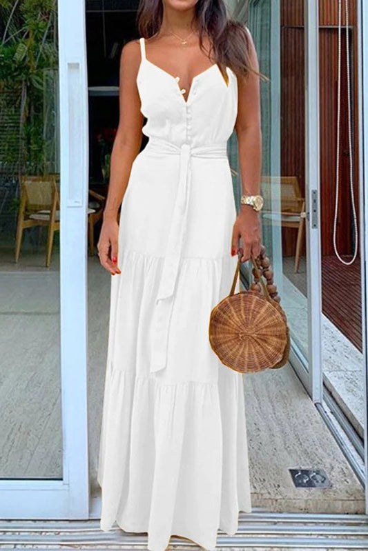 Spaghetti Strap Button Bandage Maxi Dress