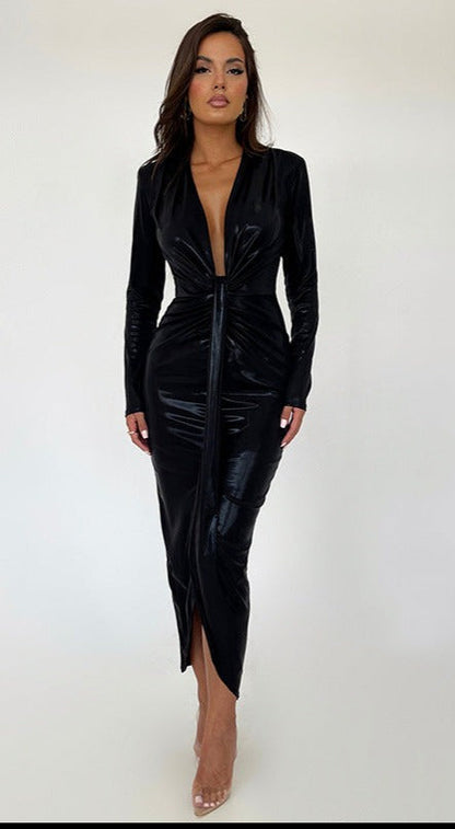 Doris Deep V Neck Long Sleeve Bodycon Maxi Dress