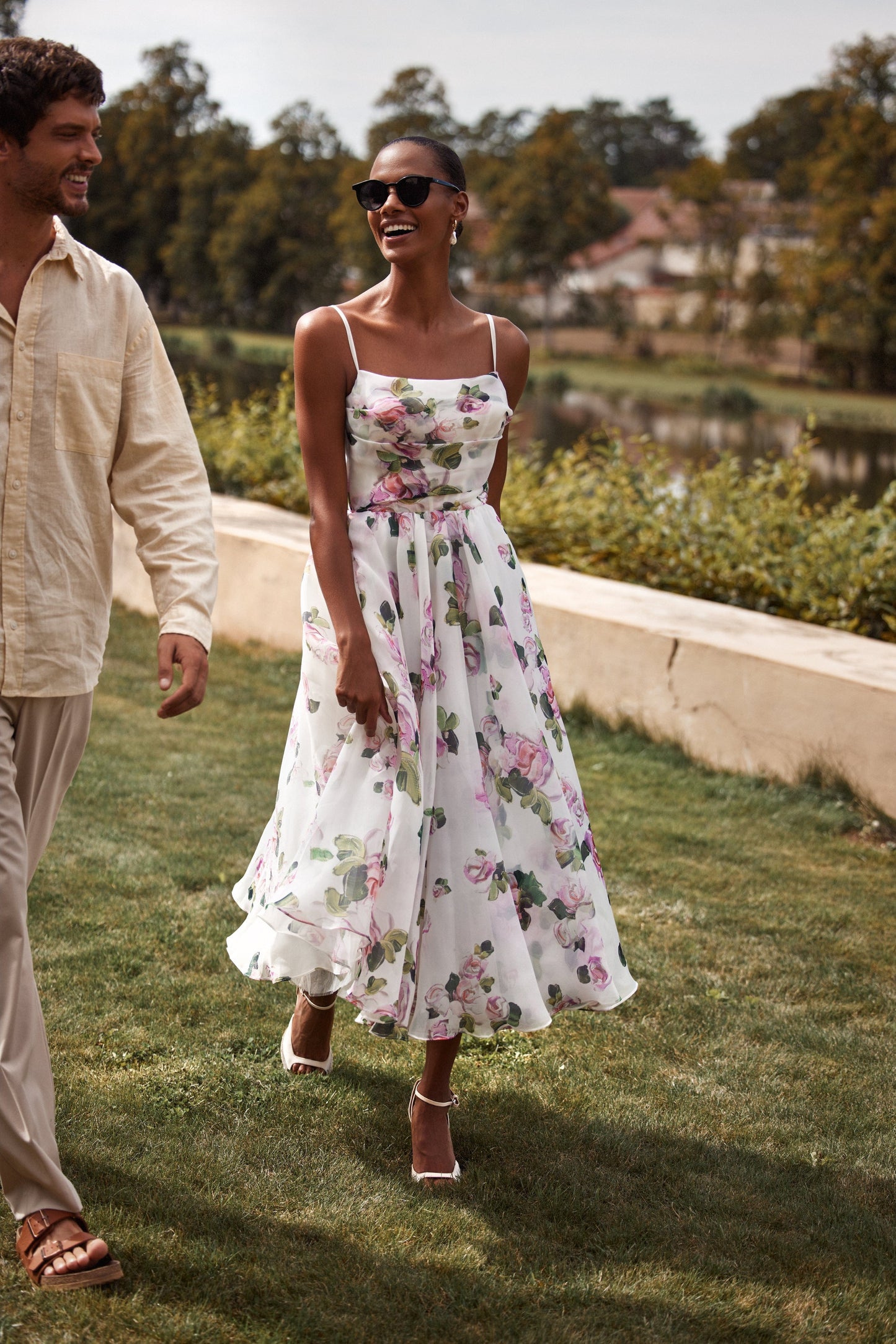 Apple Blossom Spaghetti Charming Strap Midi Dress