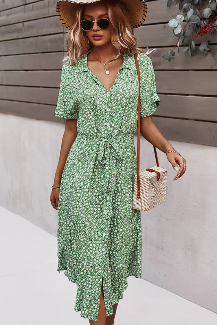 Yellow Maxi Dress with Short Sleeves and Belt