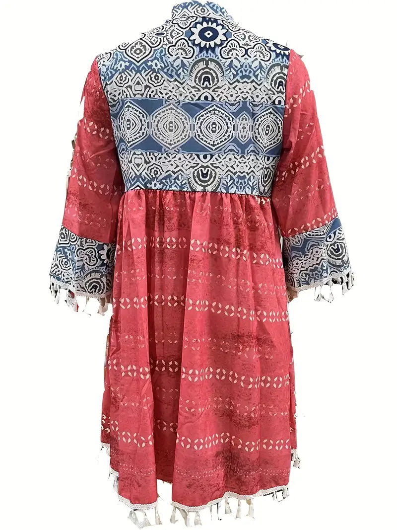 Boho V Neck Tassels Casual Dress with Retro Print