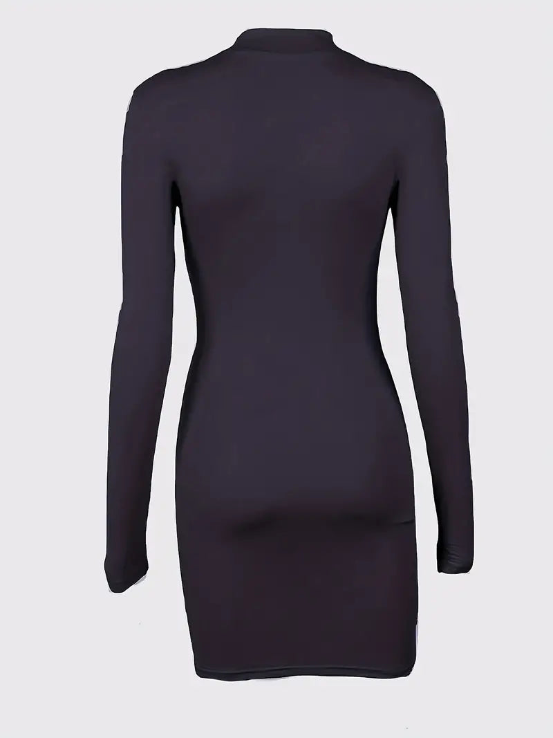 Purple High Neck Long Sleeve Bodycon Dress with Drawstring