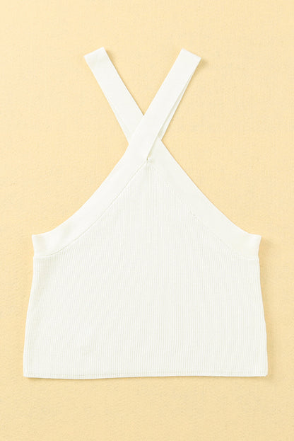 White Neck Knit Ribbed Halter Tank Cross Criss Top