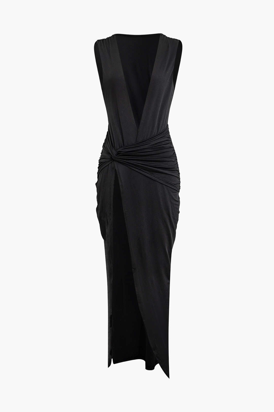 Wrap Ruched Slit Deep Graceful V-neck Sleeveless Maxi Dress