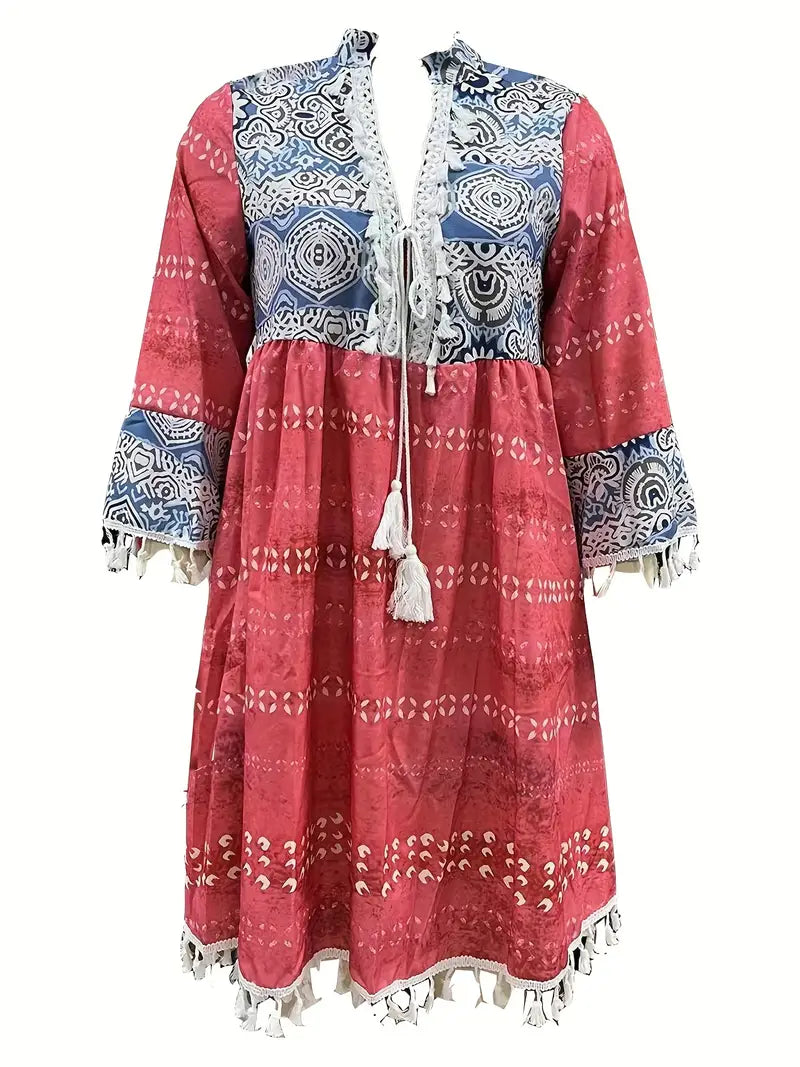 Boho V Neck Tassels Casual Dress with Retro Print