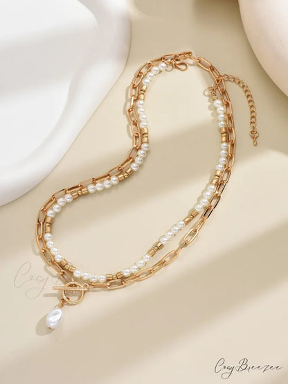2pcs Faux Pearl Charm OT Buckle Necklace