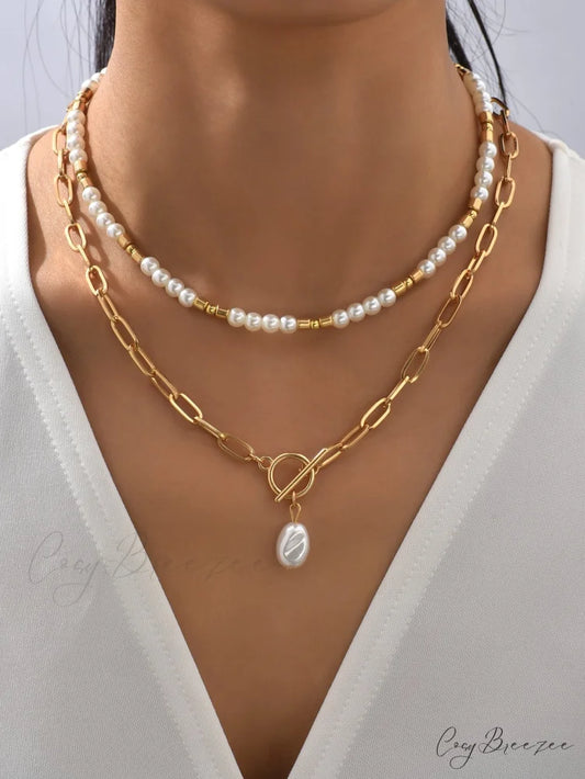 2pcs Faux Pearl Charm OT Buckle Necklace Multicolor / one-size