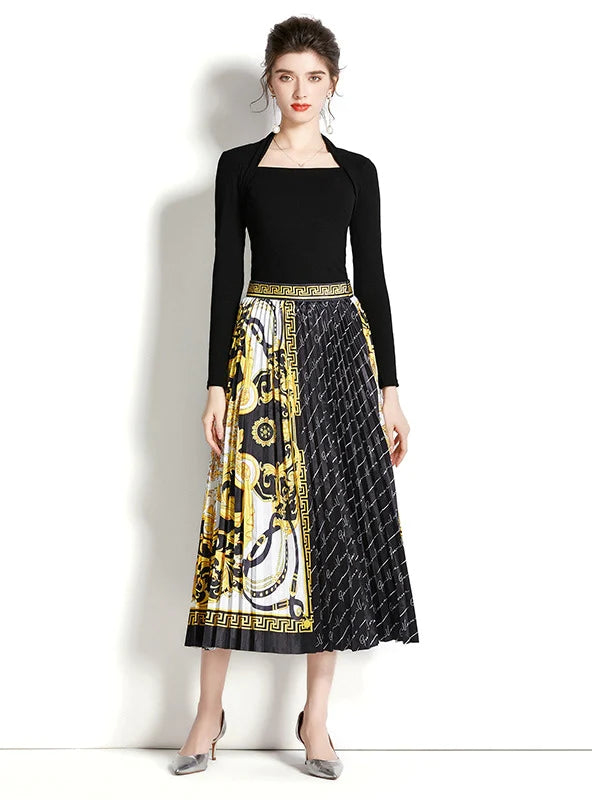 Retro Square Neck Long Sleeve Top with Printed Pleated Skirt Suit