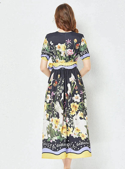 Vintage Short-Sleeve Printed Dress with Round Neck