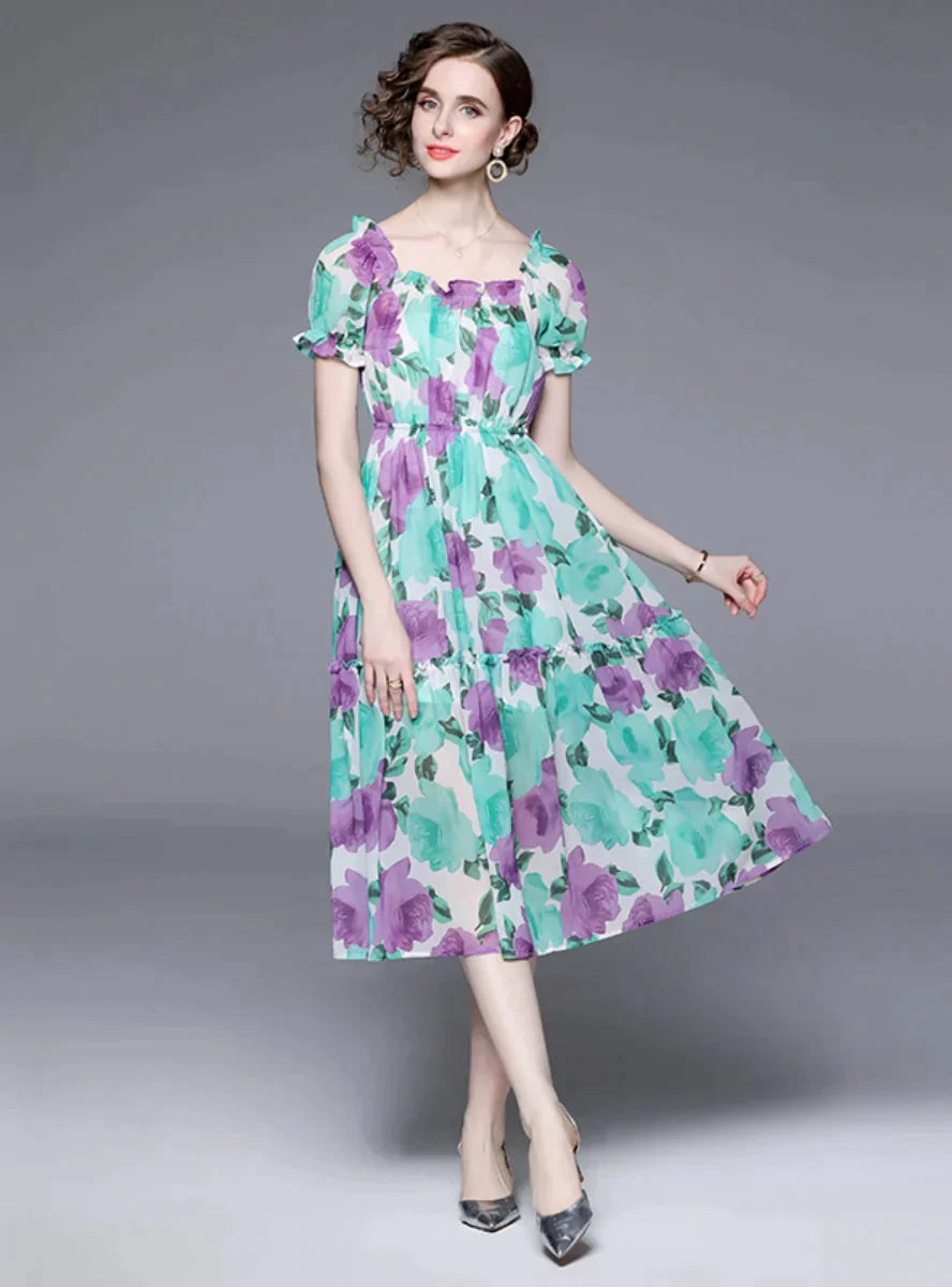 Arm Bubble Flowered Antern Gown with Sleeve