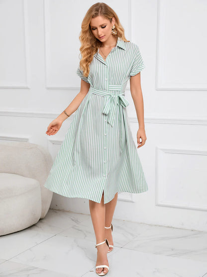 Striped Dress with Belt - Lapel V-Neck