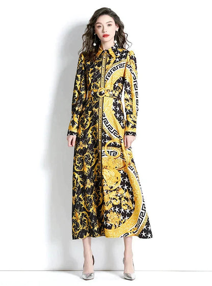 Vintage Lapel Lantern Sleeve Long Printed Dress