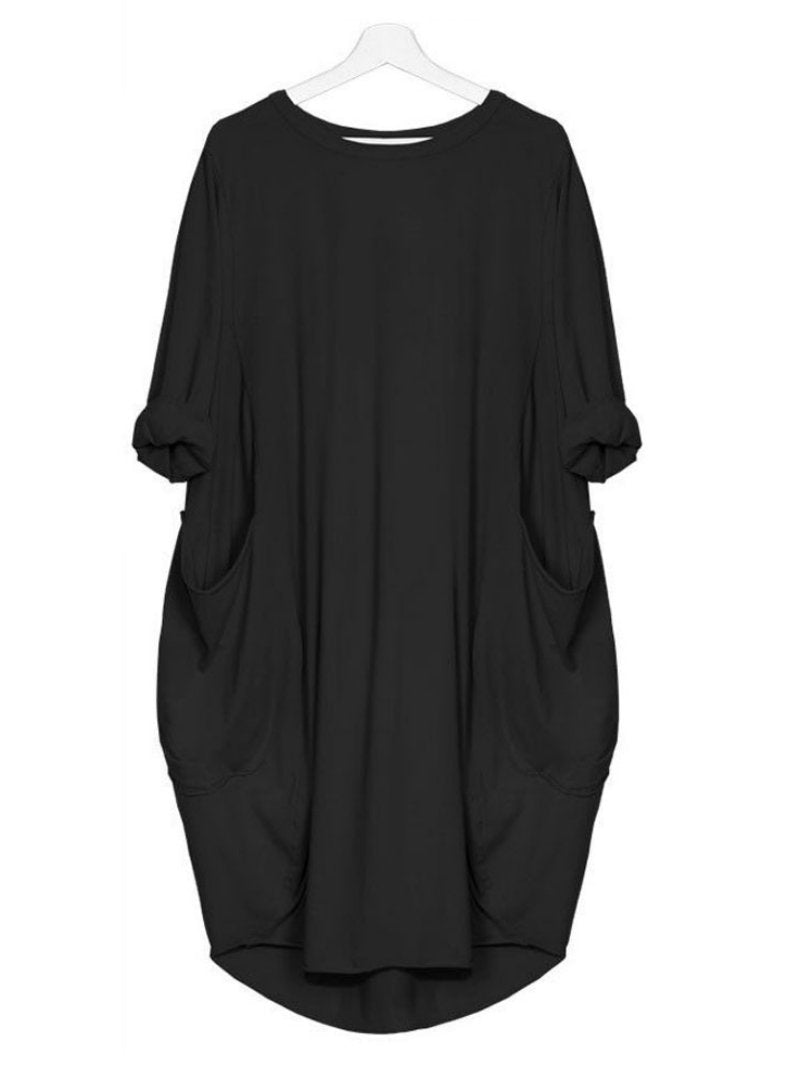 Womens Pocket Loose Dress Crew Neck