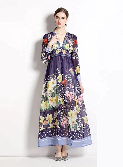 V-Neck Chiffon Printed Long Dress for Summer