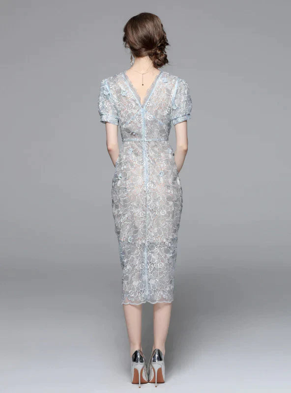 and Flower V-Neck Gown Embroidery Blue with Light Pleats