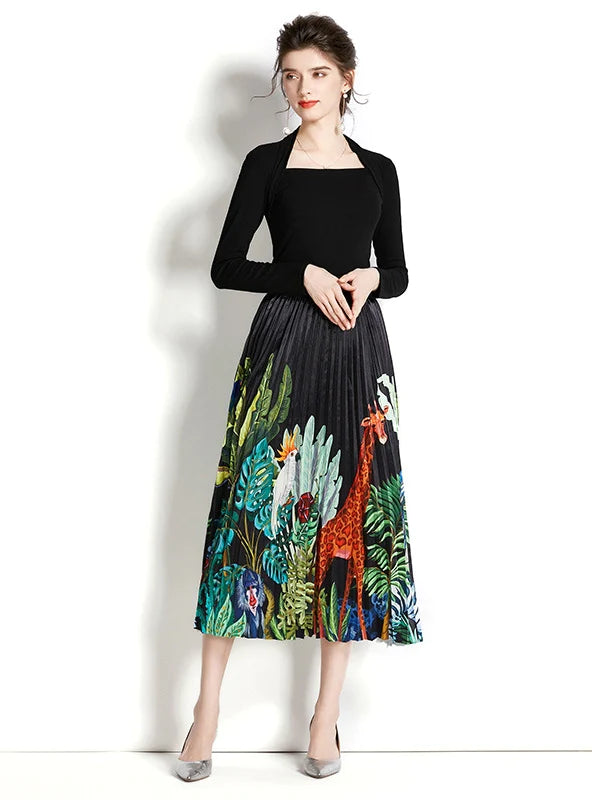 Retro Square Neck Long Sleeve Top with Printed Pleated Skirt Suit