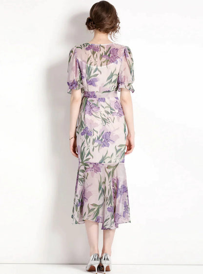 Purple Floral Dress with Square Collar