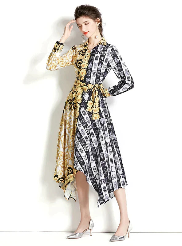 Retro Long Sleeve Printed Irregular Dress