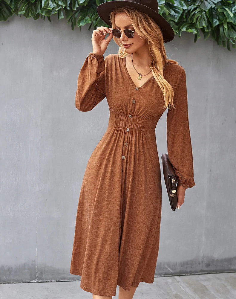 V-NECK LONG SLEEVE A-LINE DRESS