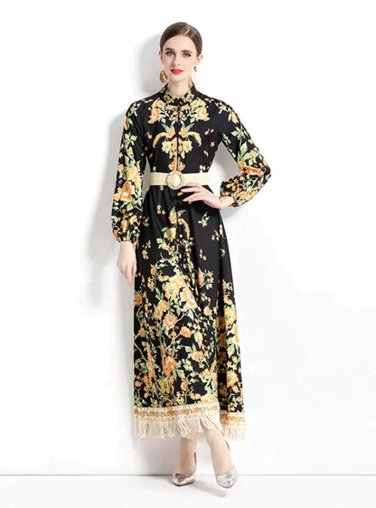 Vintage Floral Fringed Maxi Dress