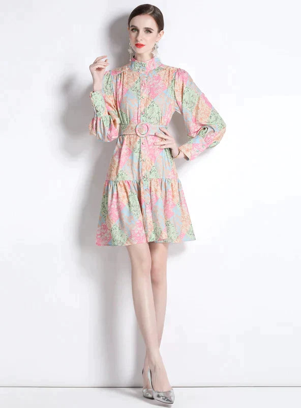 Retro Dress with Stitching Print and Long Sleeves