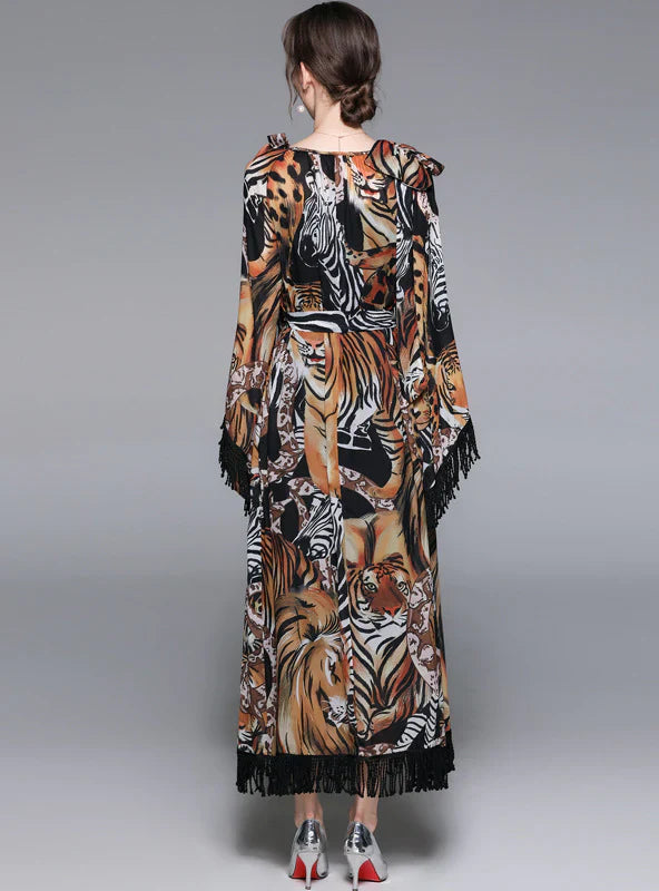 Tassel Wide Sleeves Casual Dress with Tiger Print