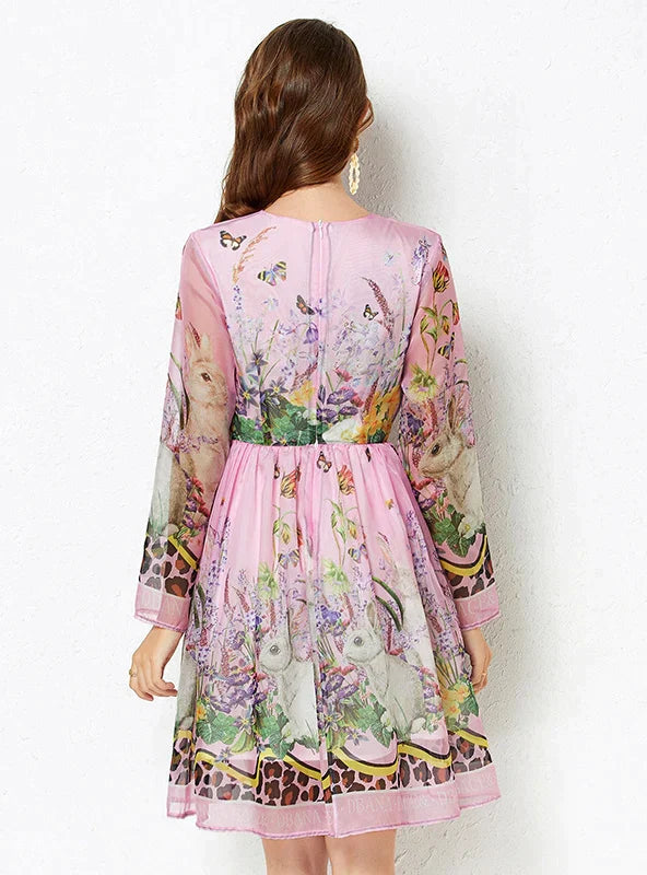 Purple Print Long Sleeve Dress with Round Neck