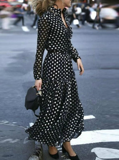 with Full-Length Bohemian Wrap Polka Gown Dot V-Neck