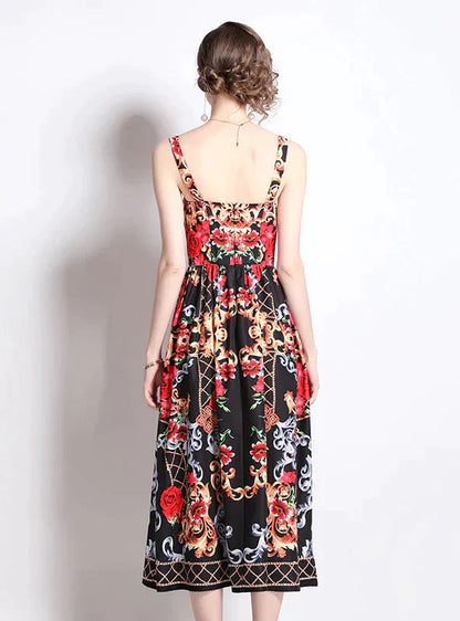 Vintage Rose Print Long Dress with Suspender