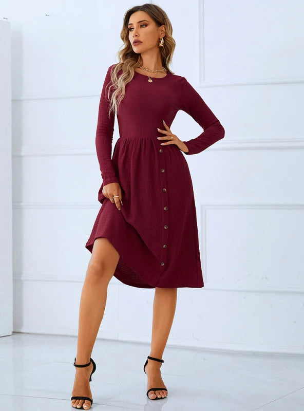 Red Long Sleeve Pleated Button Dress with Round Neck