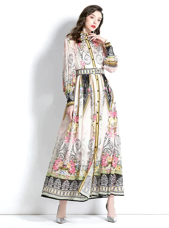 Retro Long Sleeve Printed Maxi Dress