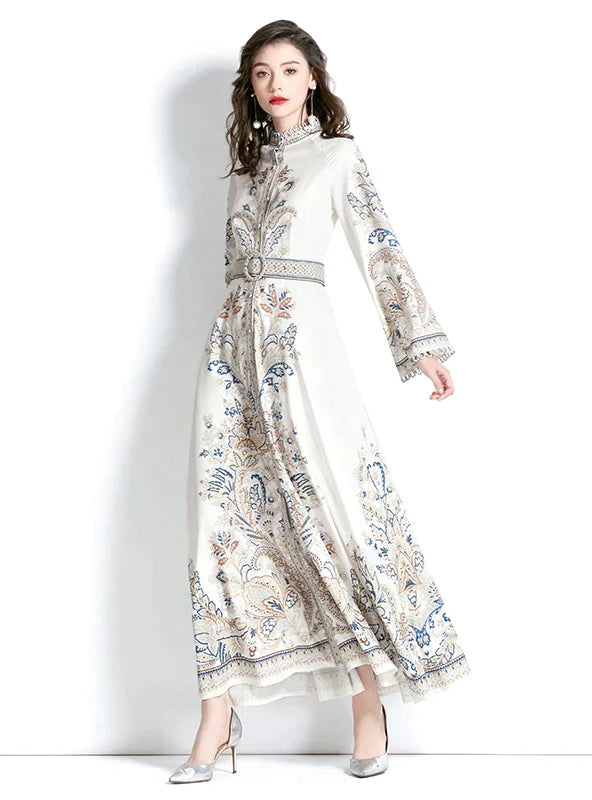 Vintage Printed Round Neck Dress with Flared Sleeves