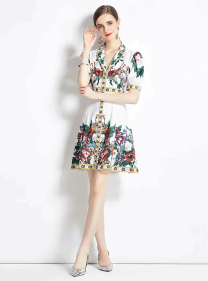 Retro Printed Shirt Dress with Short Sleeves