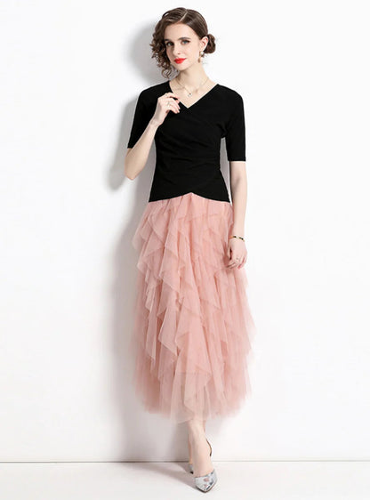 Black Top Cake Skirt T-Shirt Two-Piece Suit