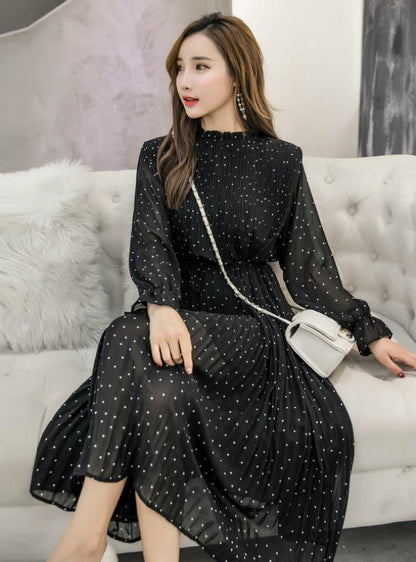 Vintage Black Chiffon Dress for Spring Women