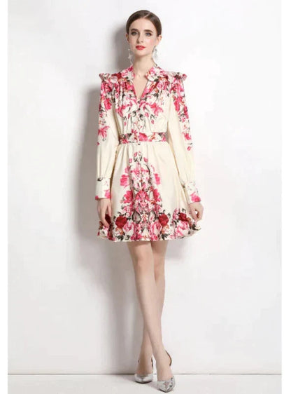 Vintage Printed V-Neck Dress with Long Sleeves