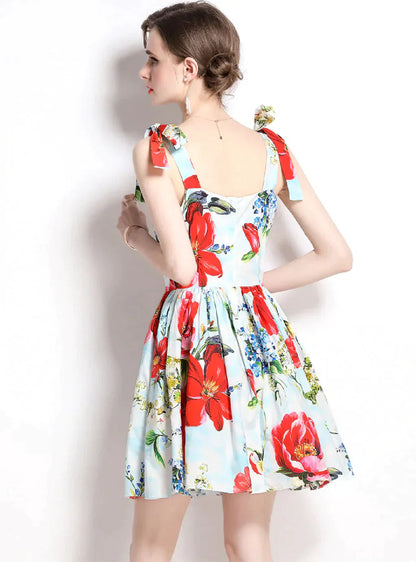 Retro Floral Print Bow Dress